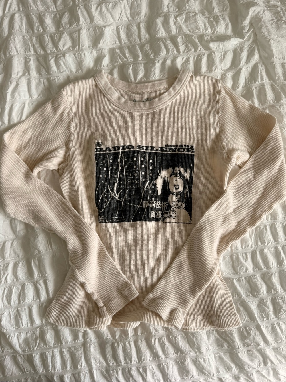 Brandy Melville Cream & Black Radio Silence Thermal Long Sleeve Tight Top